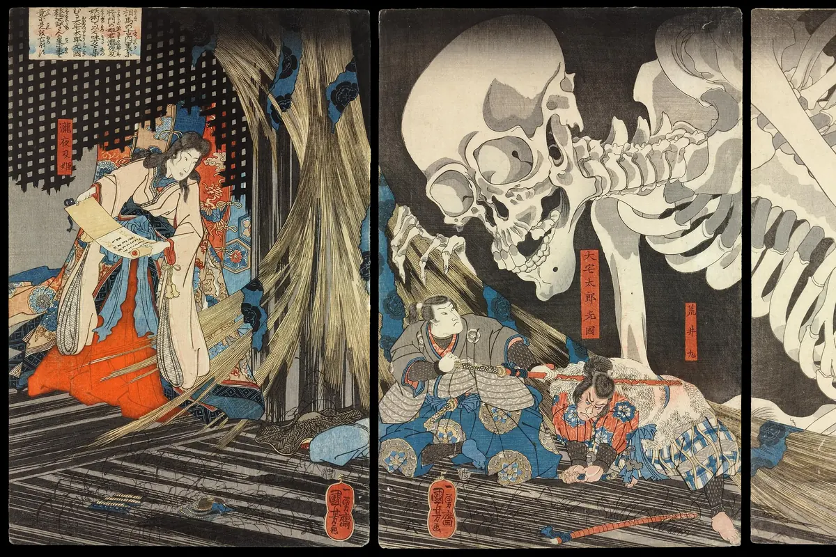 Part of a Japanese woodblock triptych showing a noblewoman reading a scroll beside a giant skeleton reaching through torn blinds